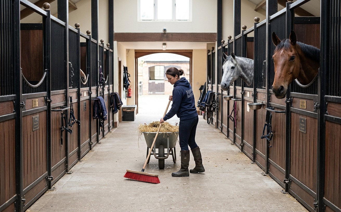 A groom sweeps the aisle of an American barn, horses looking out over their doors