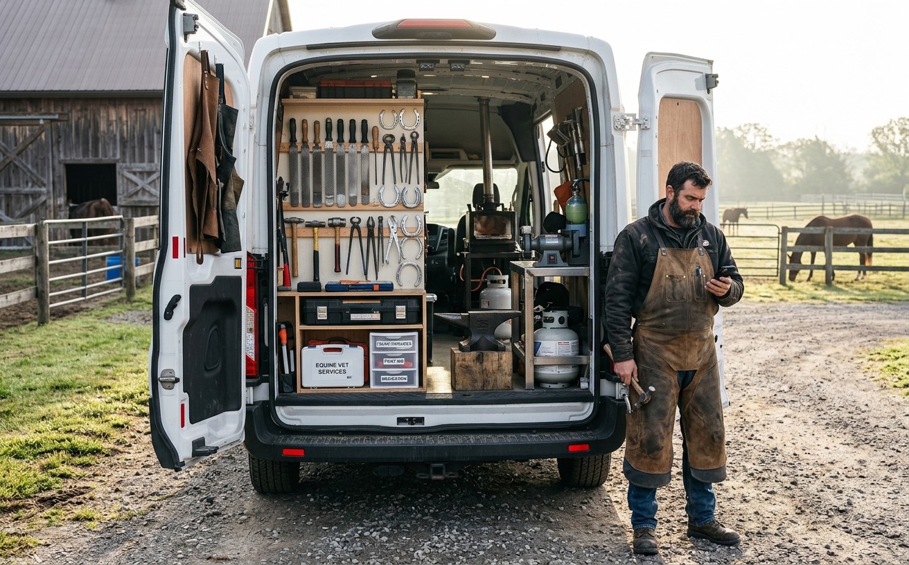 A farrier checks his phone beside the open back of his van, tools racked inside