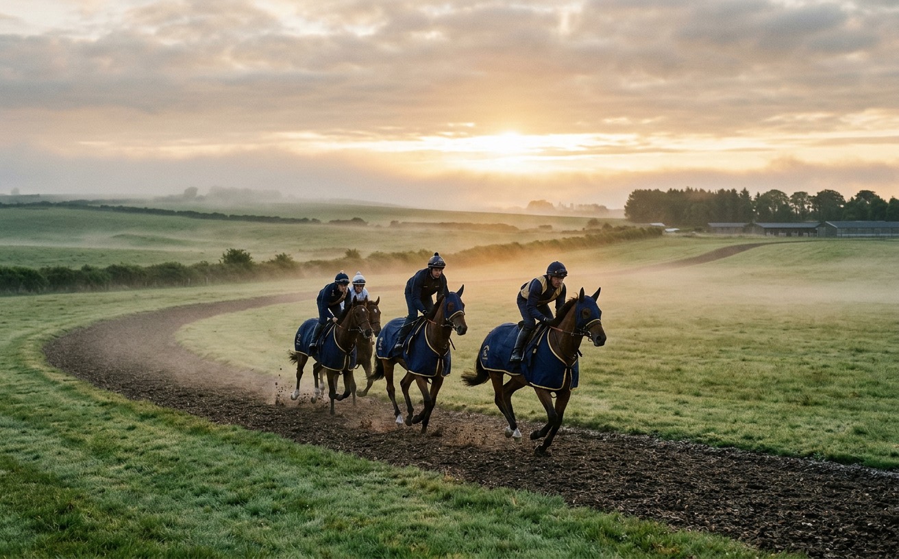 A string of racehorses canters up the gallops at sunrise