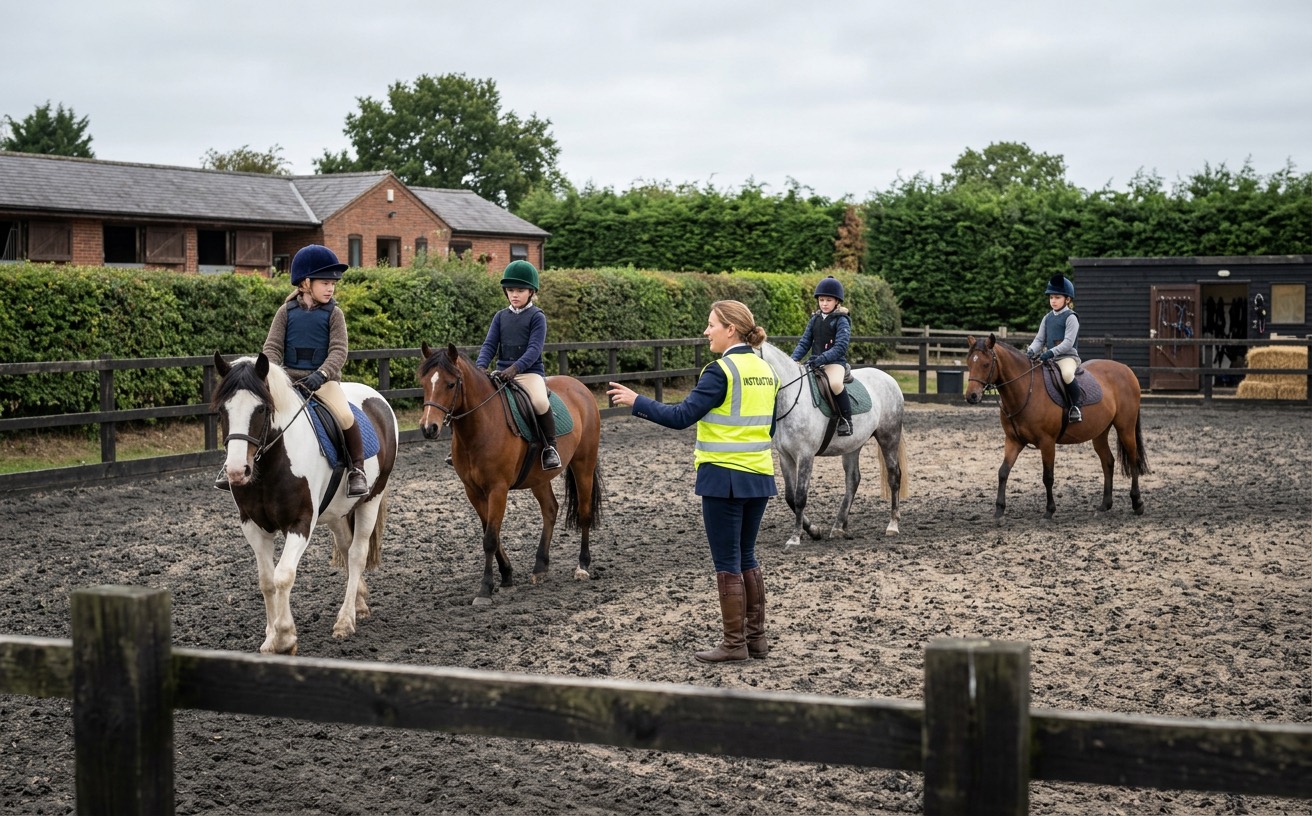 An instructor in hi-vis teaches four children on ponies in an outdoor arena