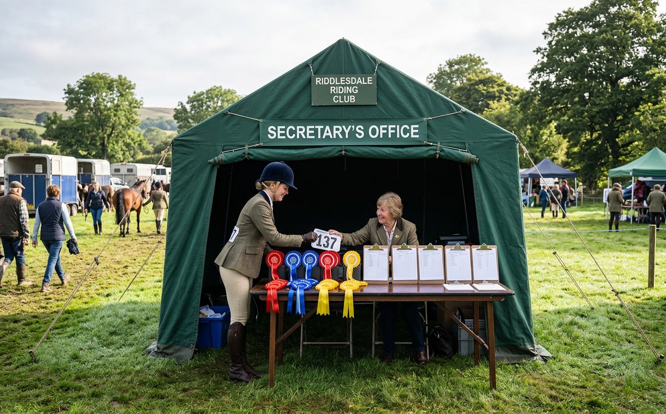 A rider collects her number at the secretary's office tent, rosettes on the table