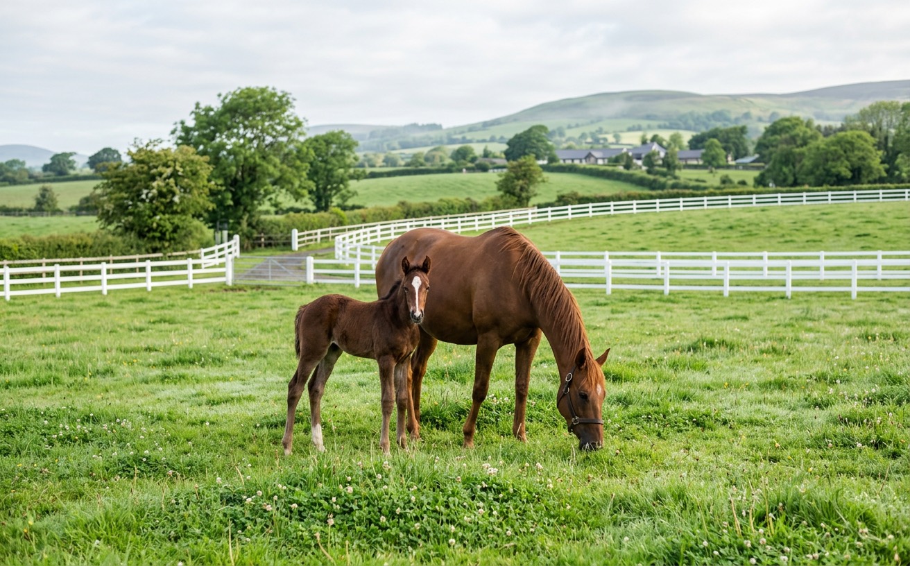 A chestnut mare grazes with her foal in a post-and-rail paddock