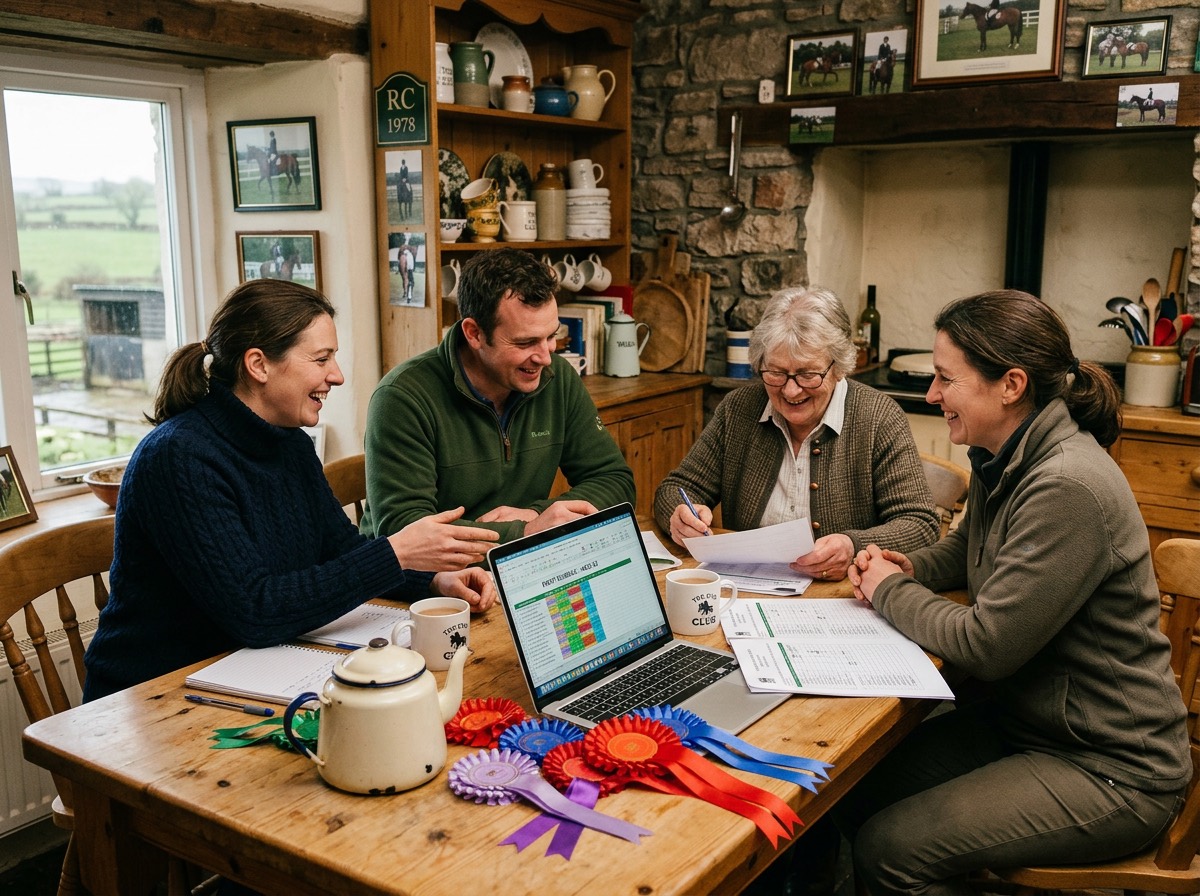 Four members of a riding club committee around a kitchen table with a laptop, the schedule and a pile of rosettes