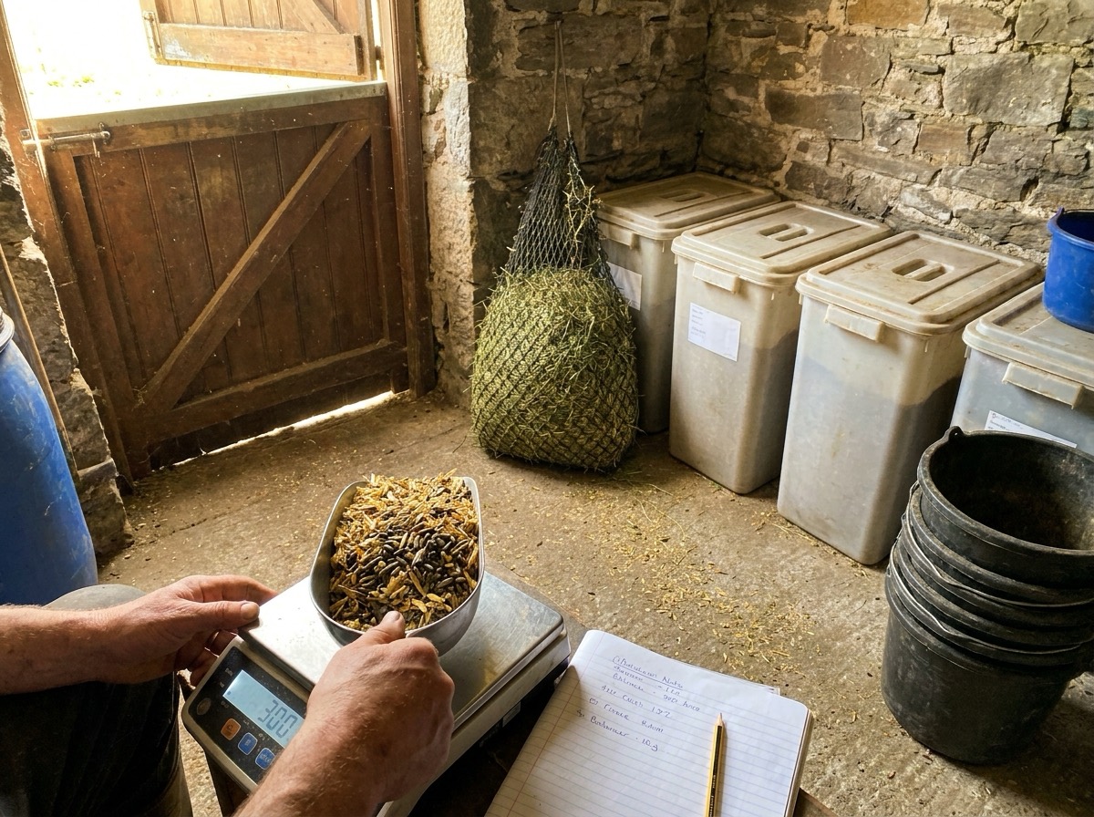 A scoop of feed being weighed on kitchen scales in a stone feed room