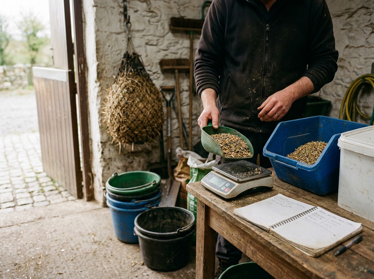 A yard hand tips a scoop of feed onto the scales in a whitewashed feed room, the day's feeds noted in the book beside them