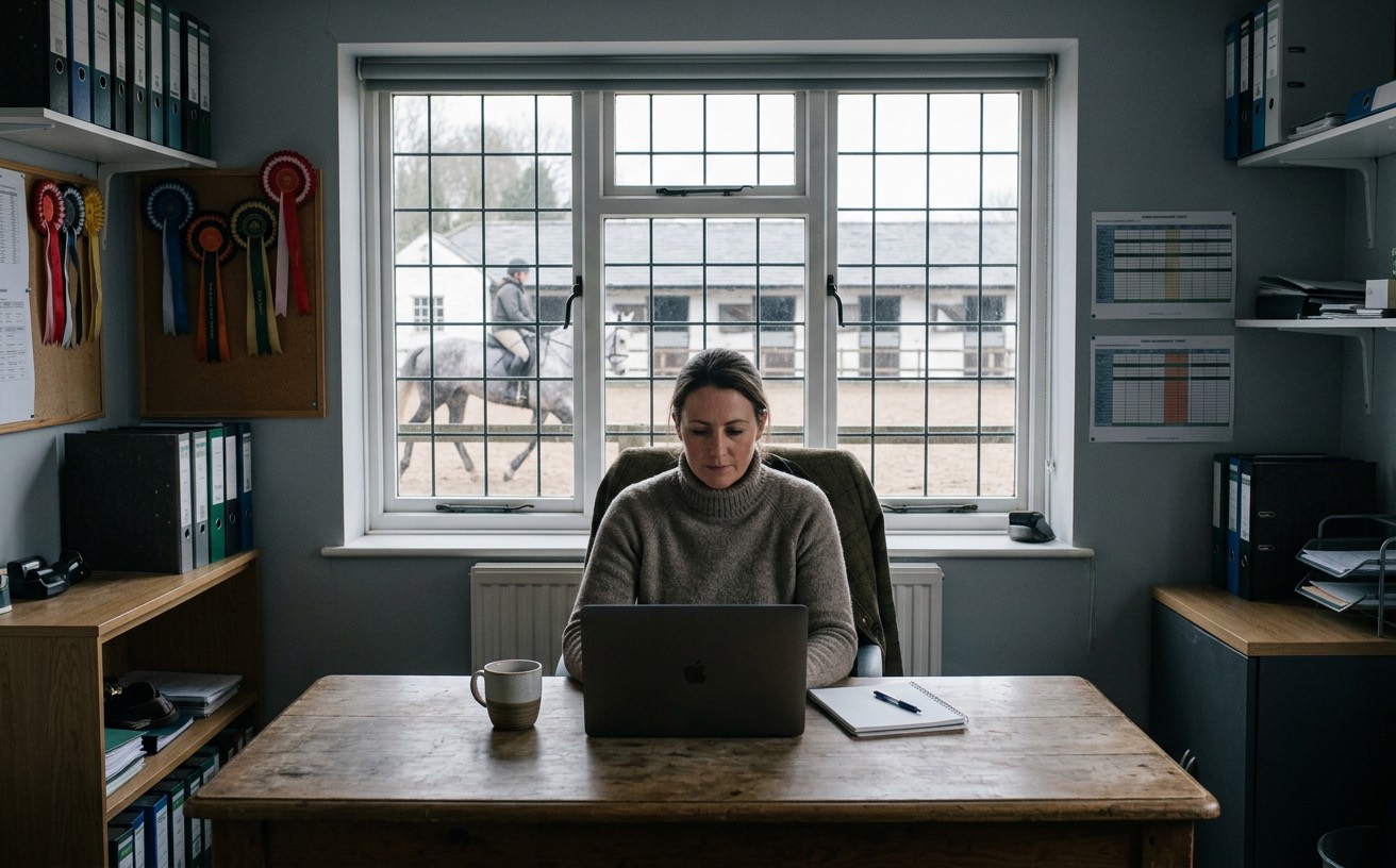 A show secretary at her laptop in the office, rosettes on the wall and the arena through the window