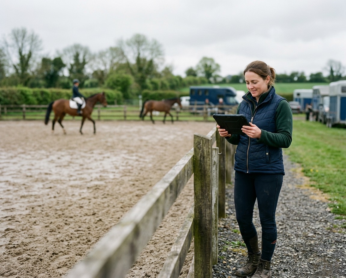 A show organiser checks entries on a tablet at the arena fence while riders warm up behind her