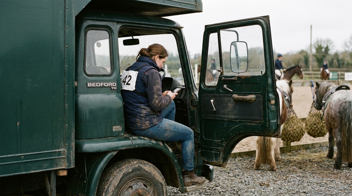 A rider with her competitor number on sits in the open cab door of her green lorry reading her phone, ponies tied up behind and a class in the arena beyond