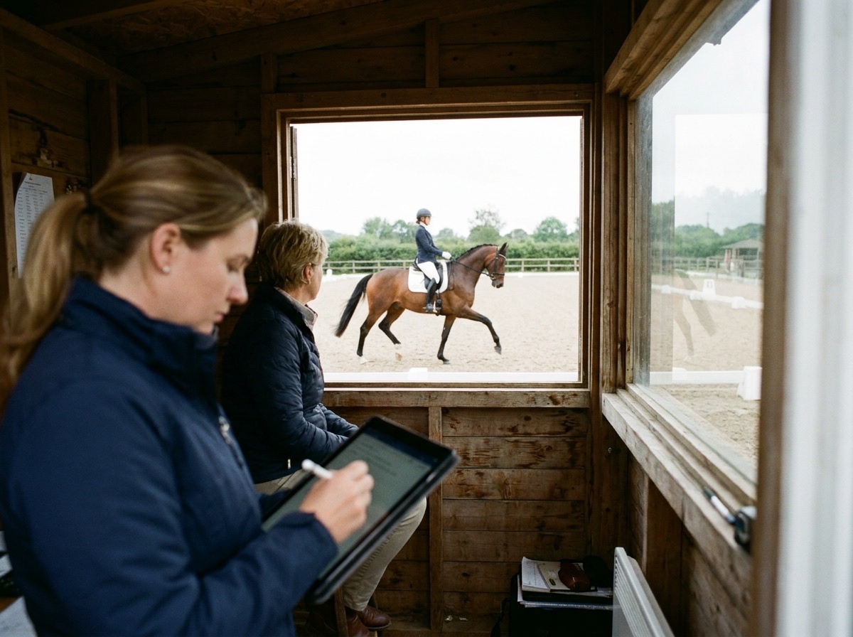 A scribe in the judge's box writes a mark on a tablet while the judge watches a bay horse trot down the centre line outside the window