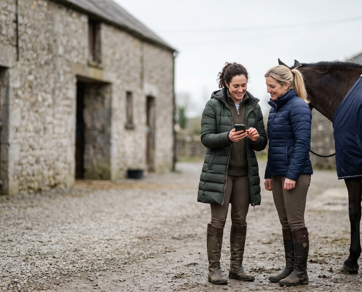 Two women look at a phone together outside the stone stables, a horse rugged up beside them