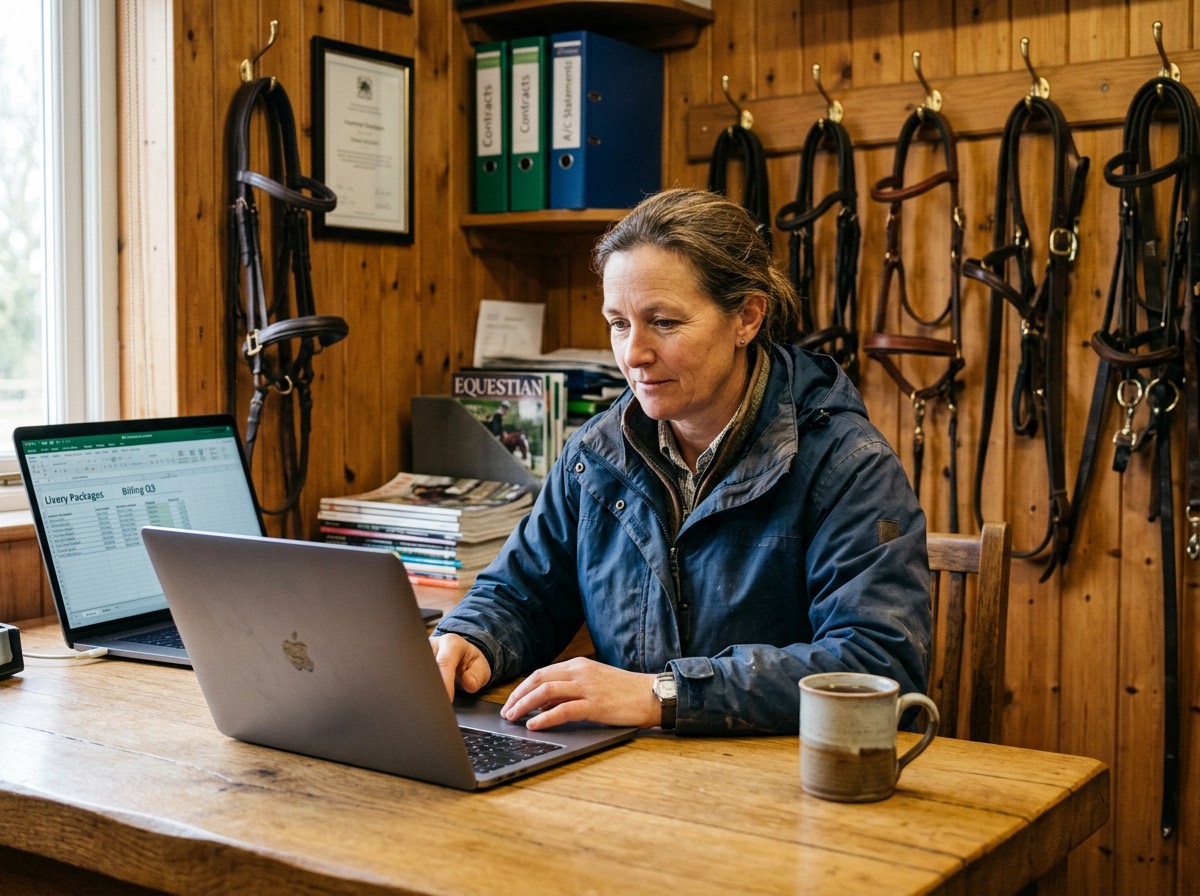 The yard manager works at a laptop in the tack room, bridles hung on the wall behind her