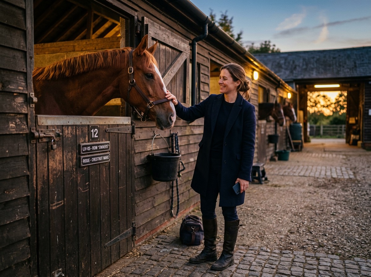 An owner greets her chestnut horse over the stable door at dusk, phone in hand