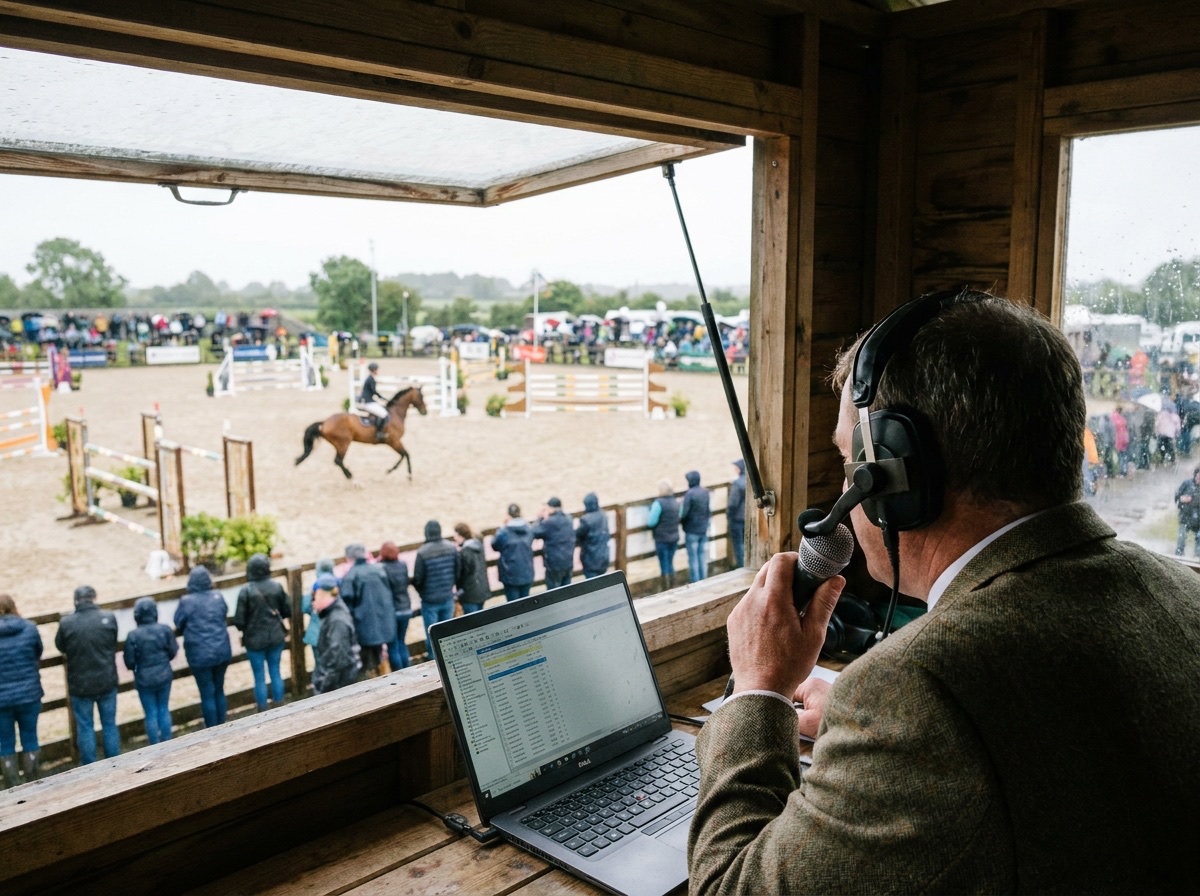 A commentator in the raised box, headset on and microphone in hand, calls a show-jumping round over the crowd at the rail