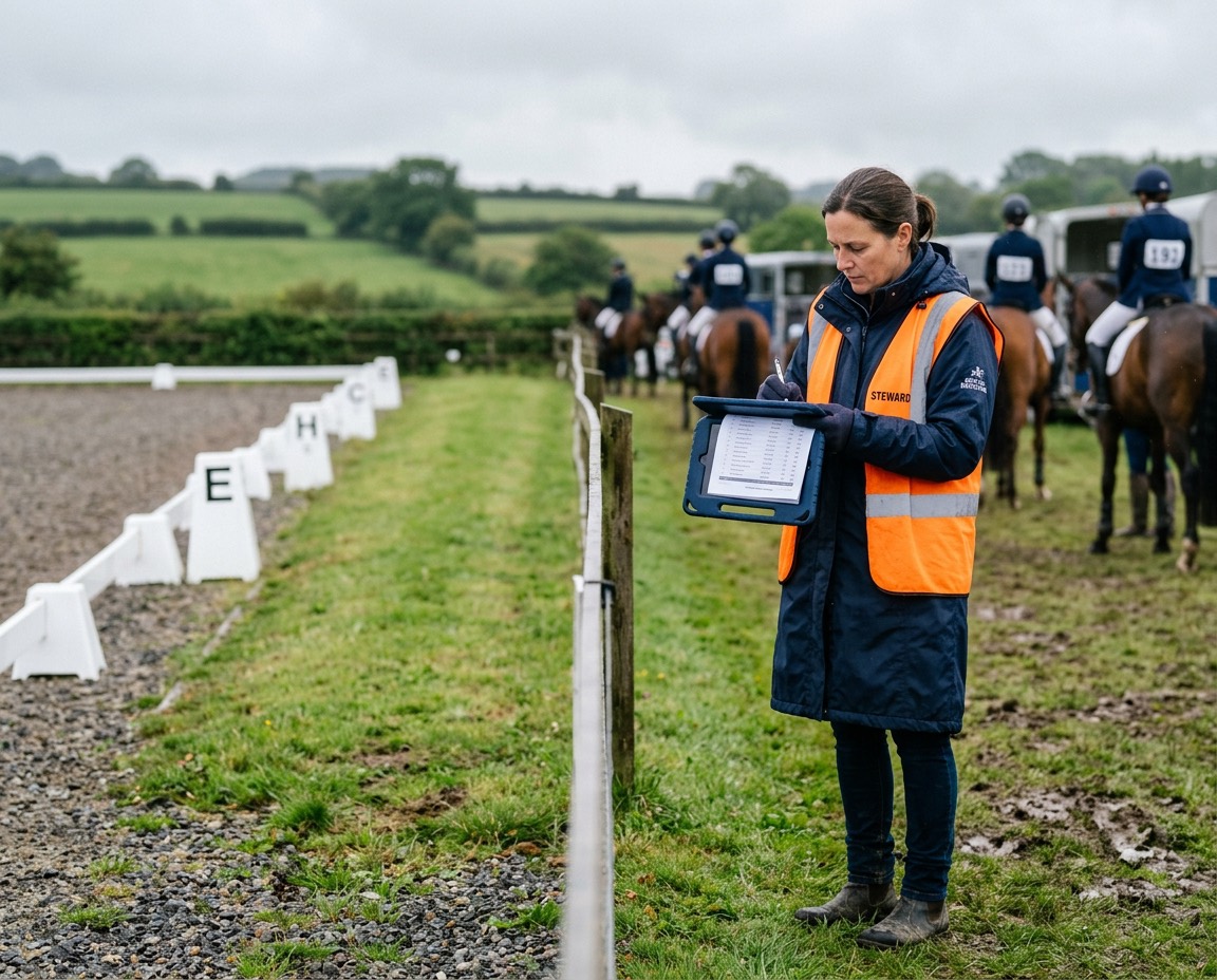 A steward in a hi-vis vest checks the running order on a tablet beside the dressage arena, riders warming up behind