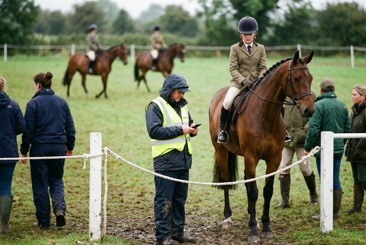 A steward in hi-vis checks the time on his phone at the collecting-ring gate while a young rider waits on her bay horse