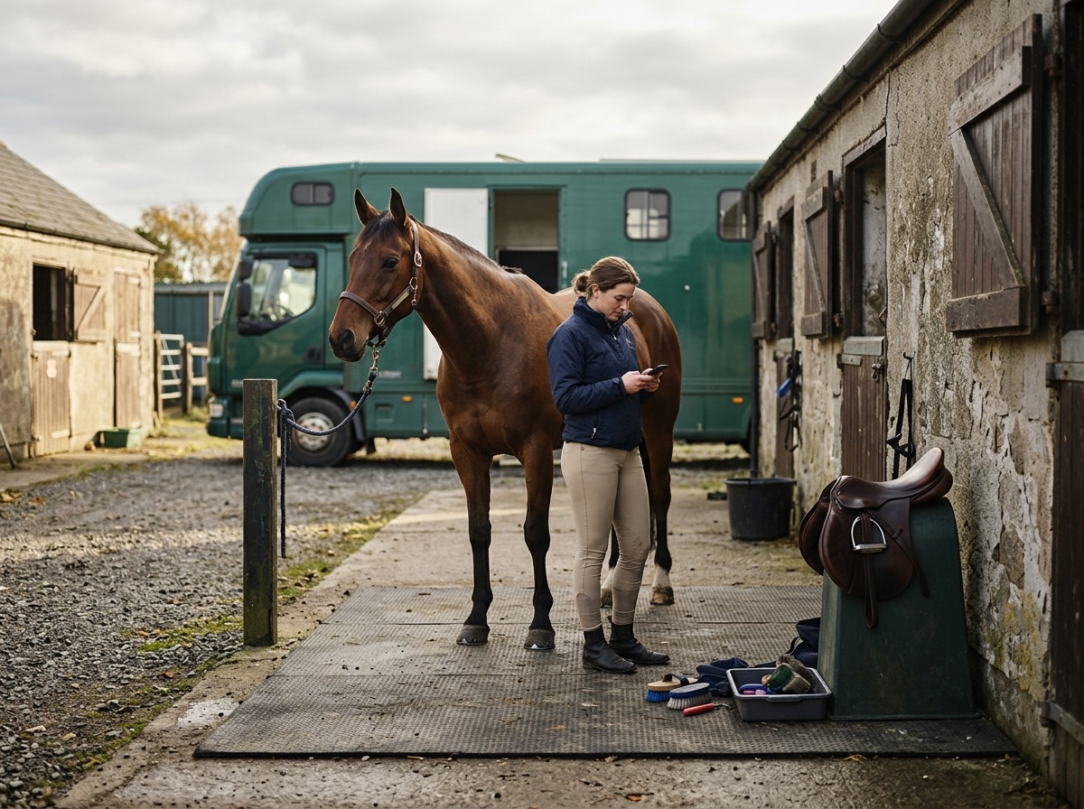 An owner checks her phone beside her bay horse and a green horsebox outside the stables