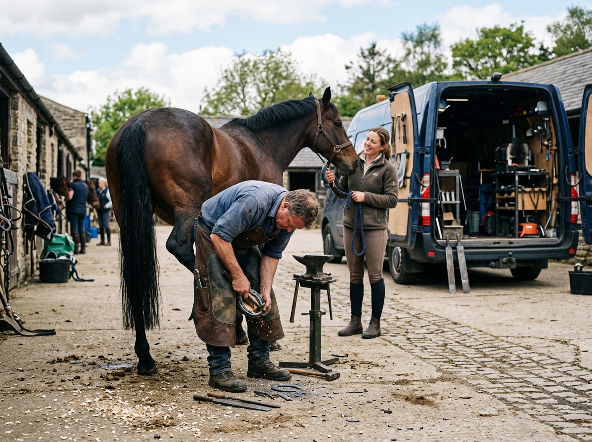 A farrier shapes a shoe on the anvil while the owner holds the horse, his van open behind