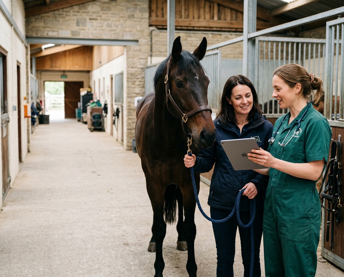 A vet in scrubs and a horse's owner look at a tablet together in the barn aisle, the horse beside them