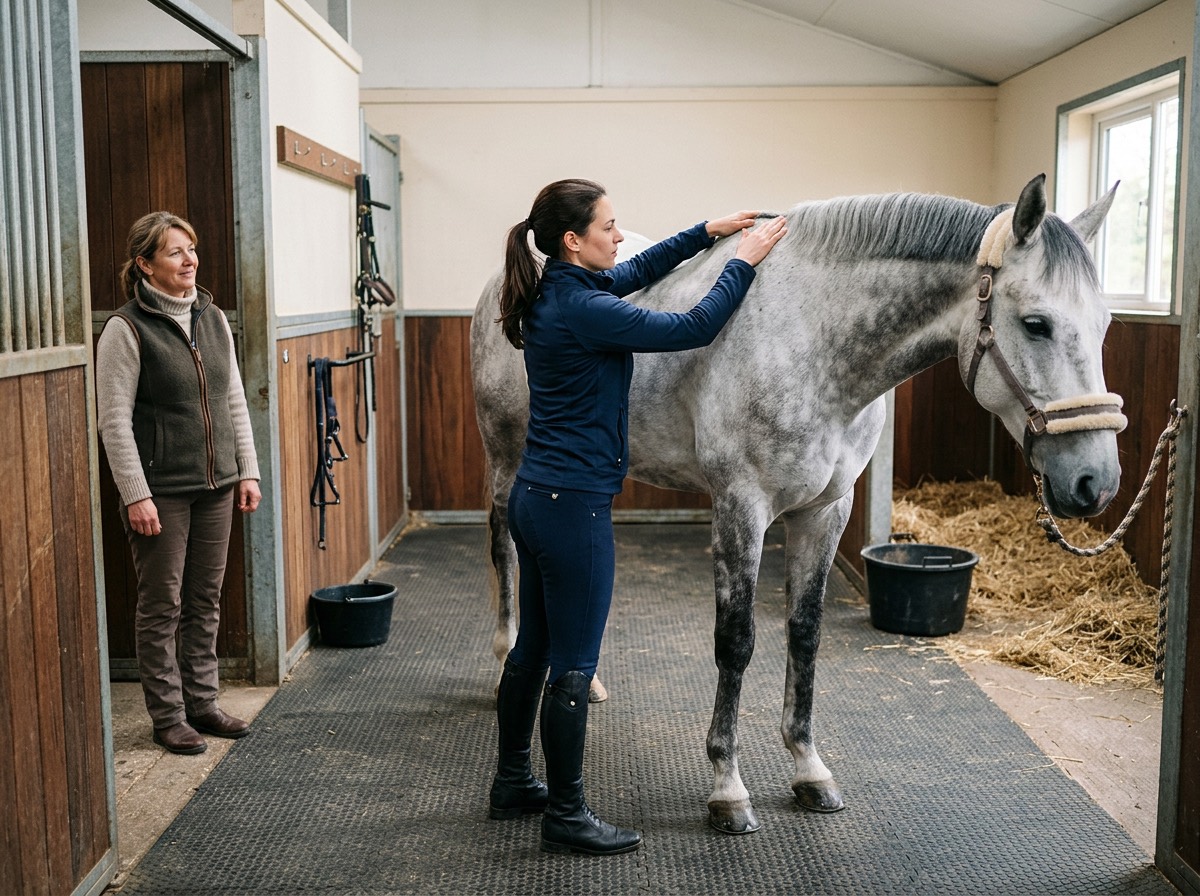An equine physio treats a grey horse in its stable while the owner watches from the door
