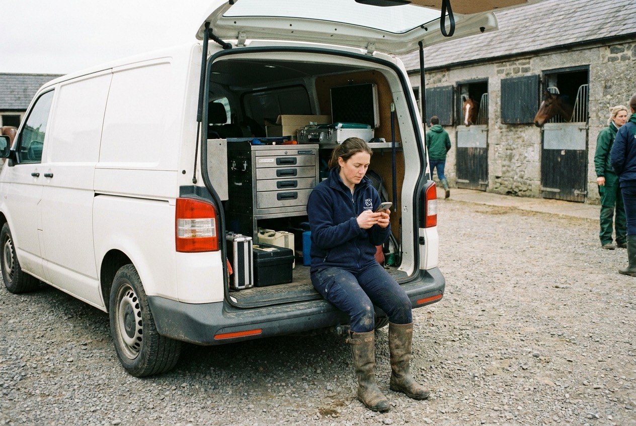 A vet sits on the tailgate of her unmarked van with her phone, the yard and stabled horses behind her