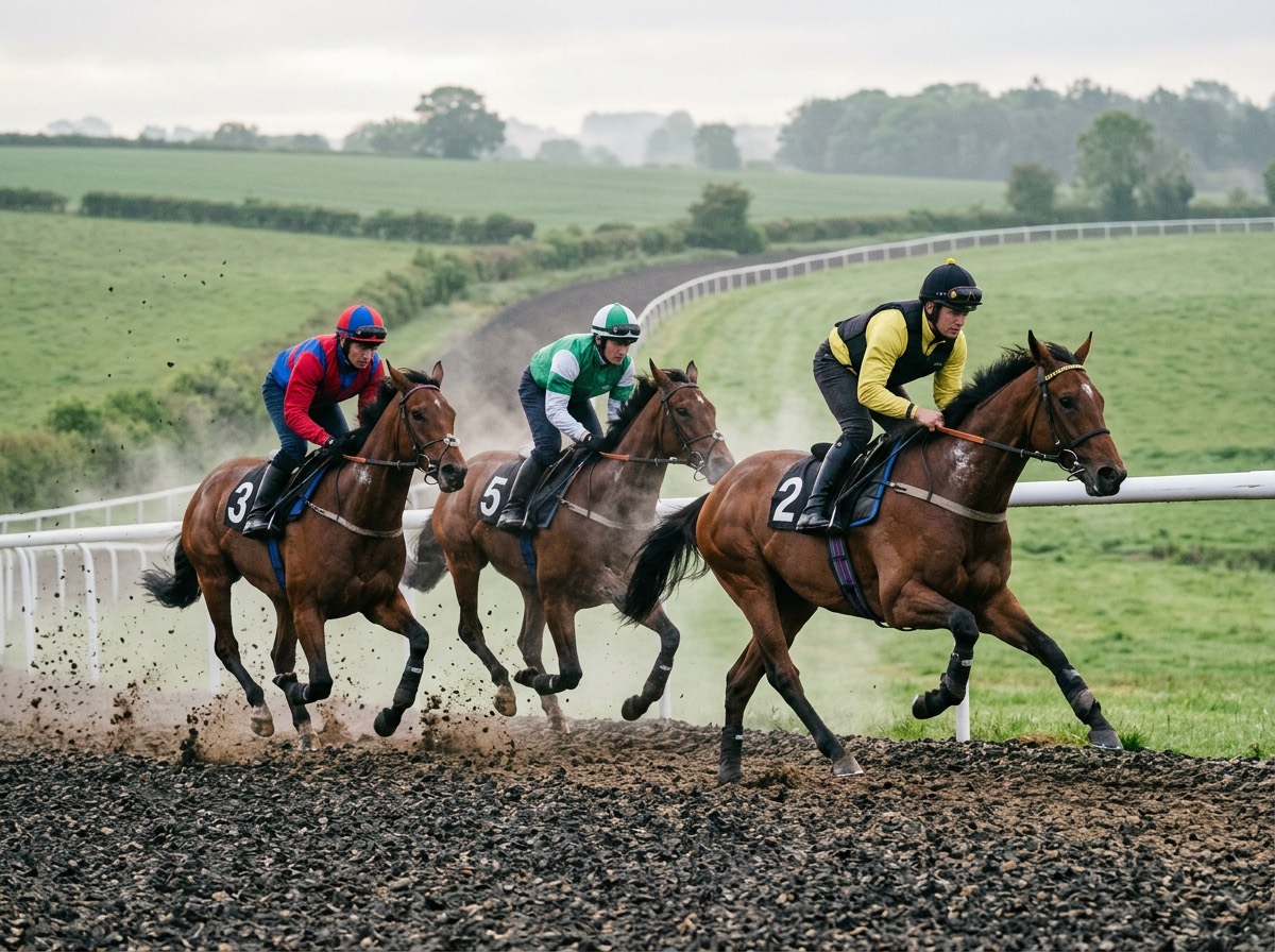 Three racehorses and their work riders gallop up the all-weather strip