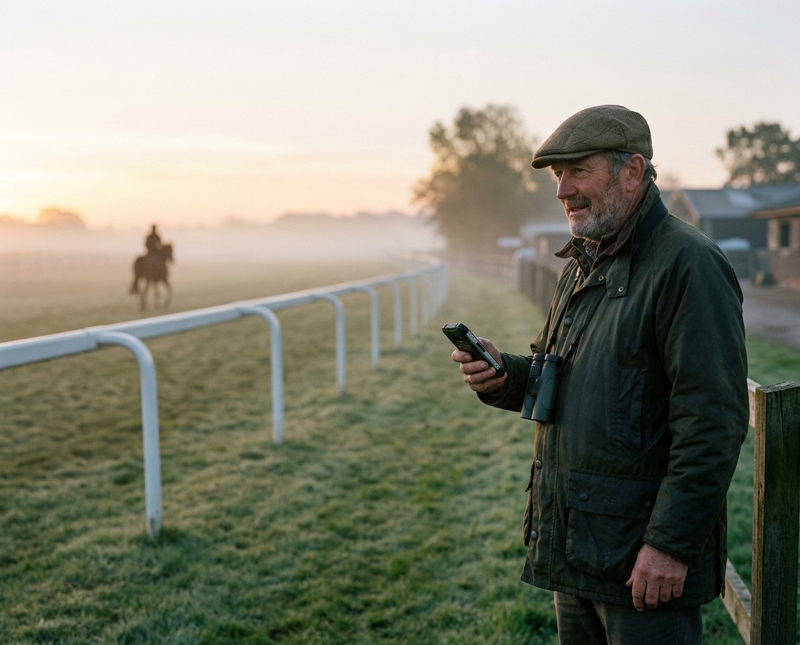 A trainer in a flat cap checks his phone at the rail as a horse works on the misty gallops at dawn