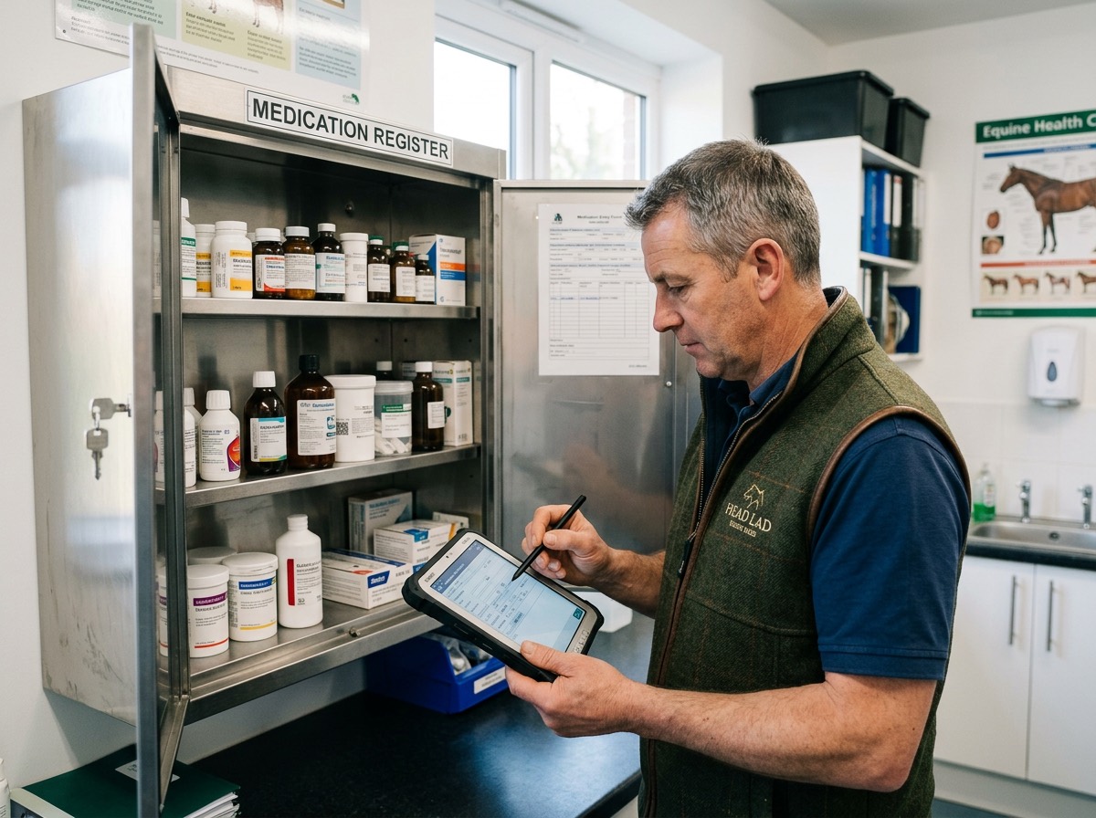 The head lad logs an entry on a tablet at the open medication cabinet in the treatment room