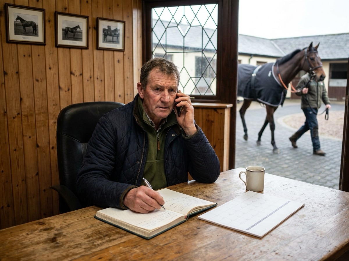 The trainer on the phone at his desk, the entries ledger open in front of him, a horse being led past the window
