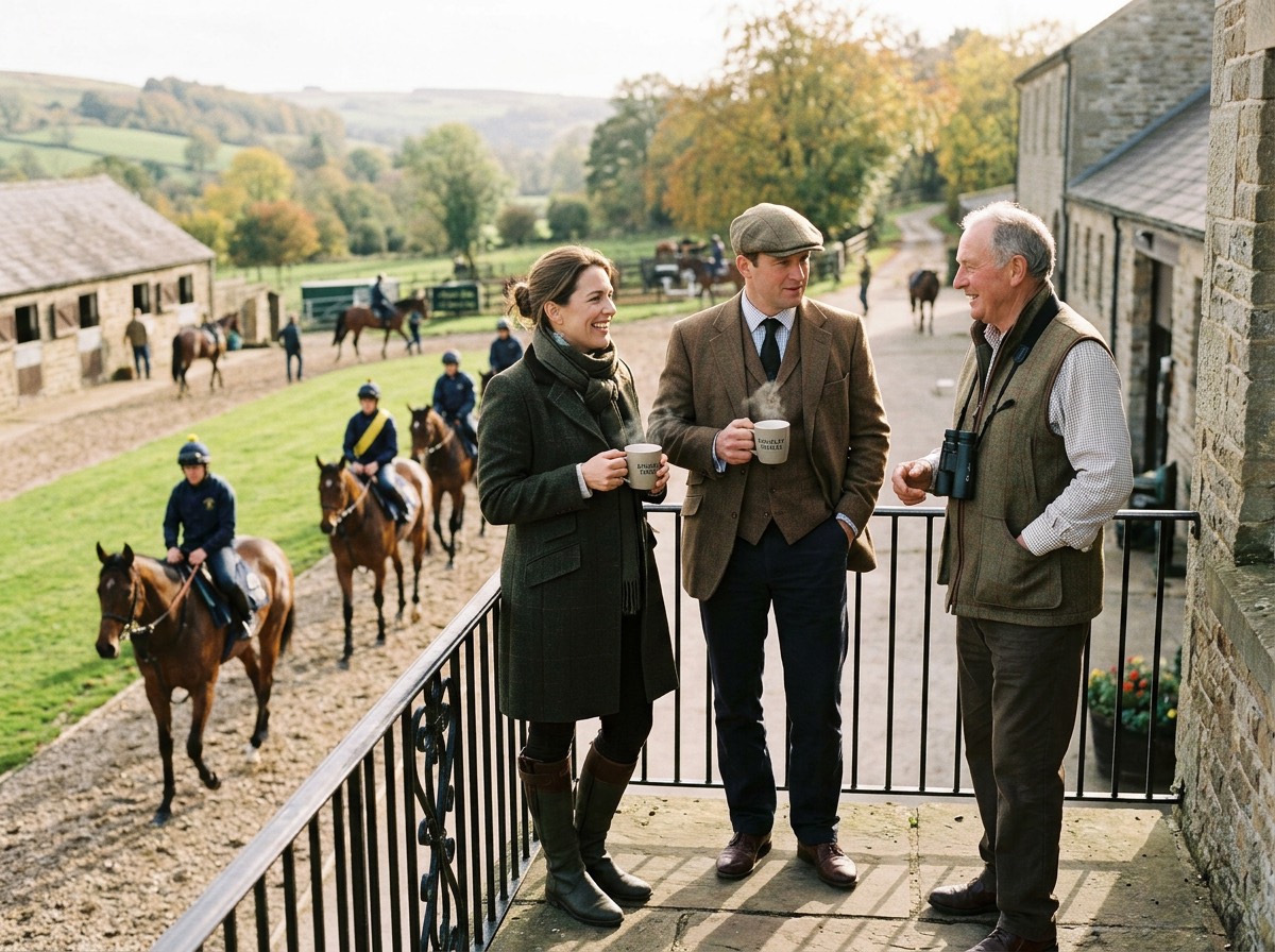Two owners and the trainer with coffee on the balcony, watching the string walk out below