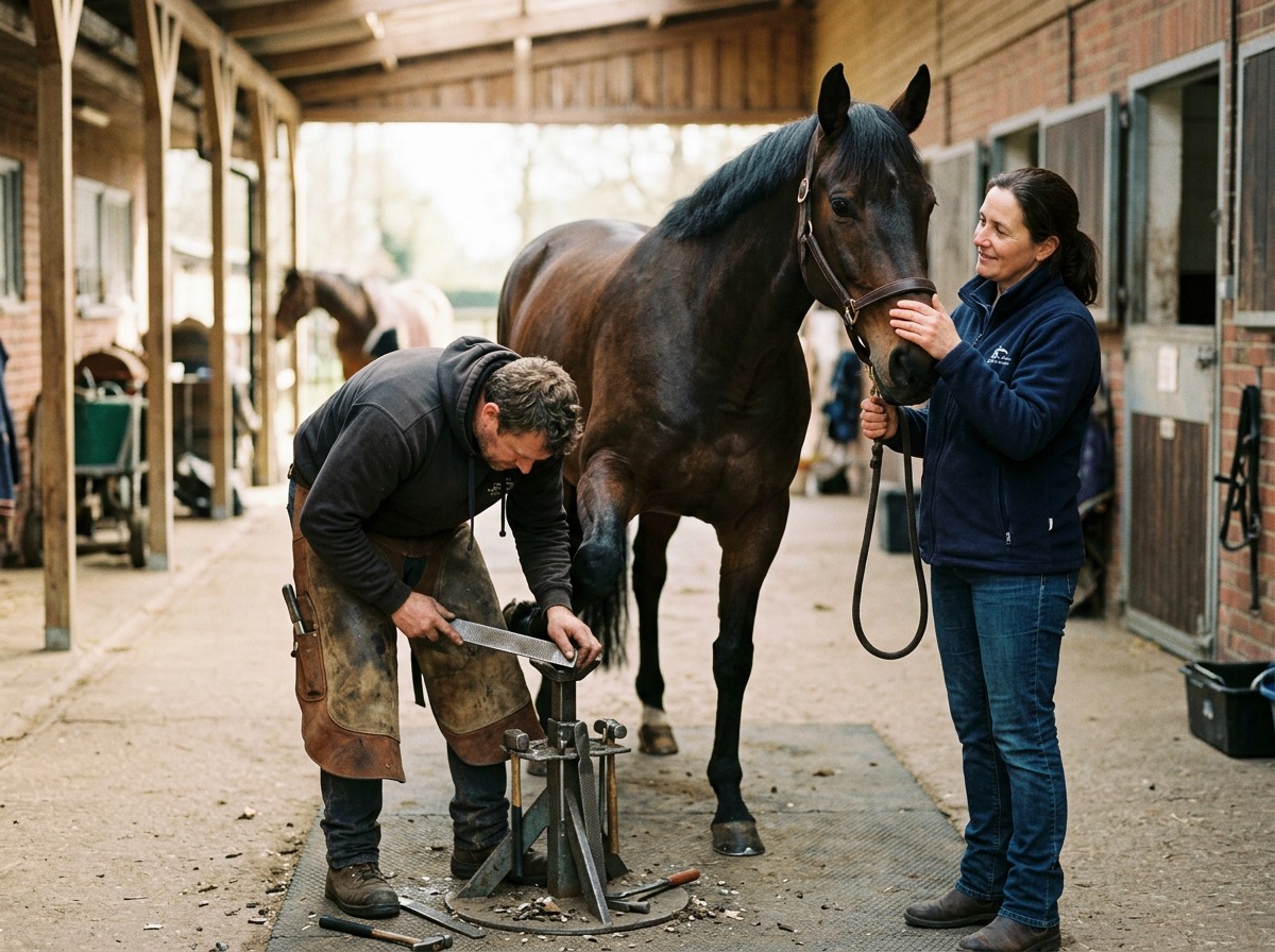 An owner holds her horse while the farrier fits a shoe in the yard