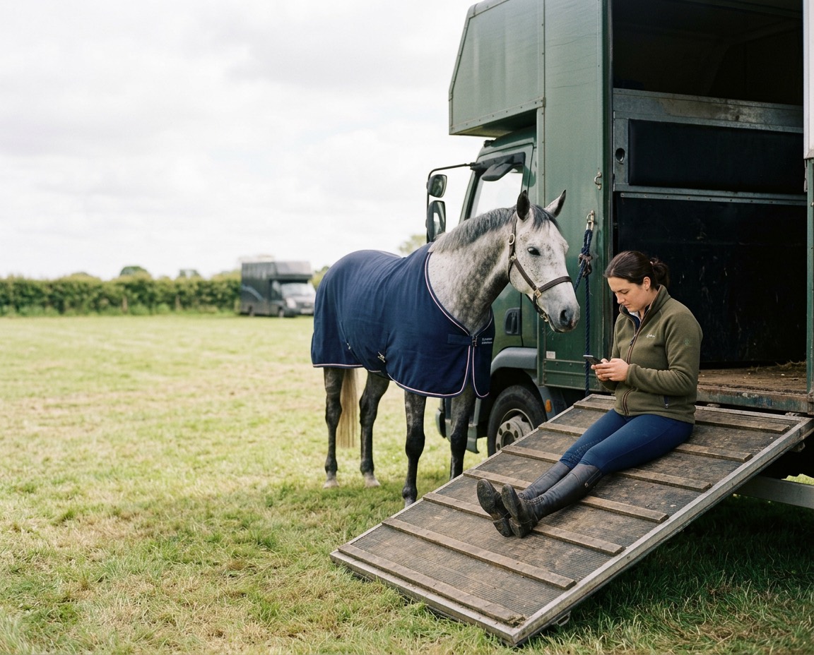 A rider sits on her horsebox ramp checking her phone, her grey horse rugged up beside her at a show