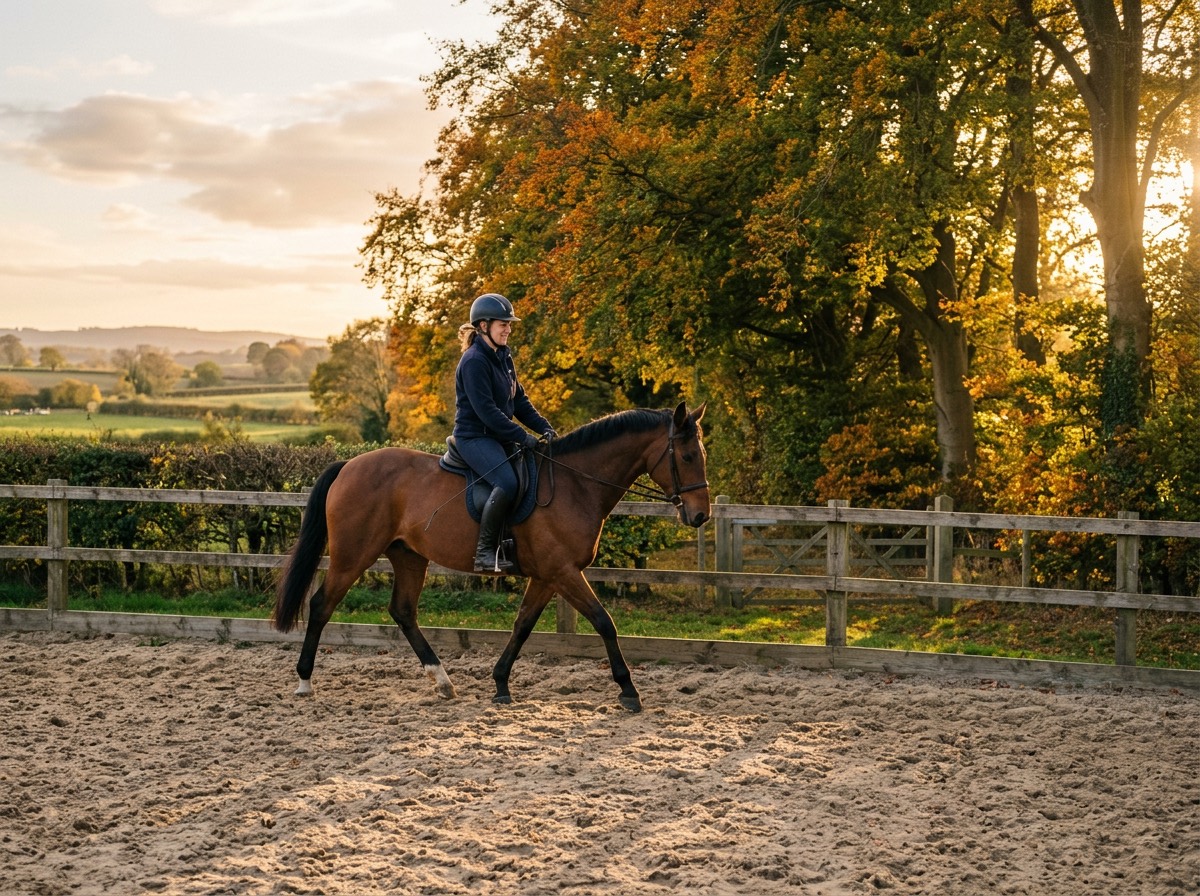 A rider schools her bay horse in an outdoor arena in low evening light