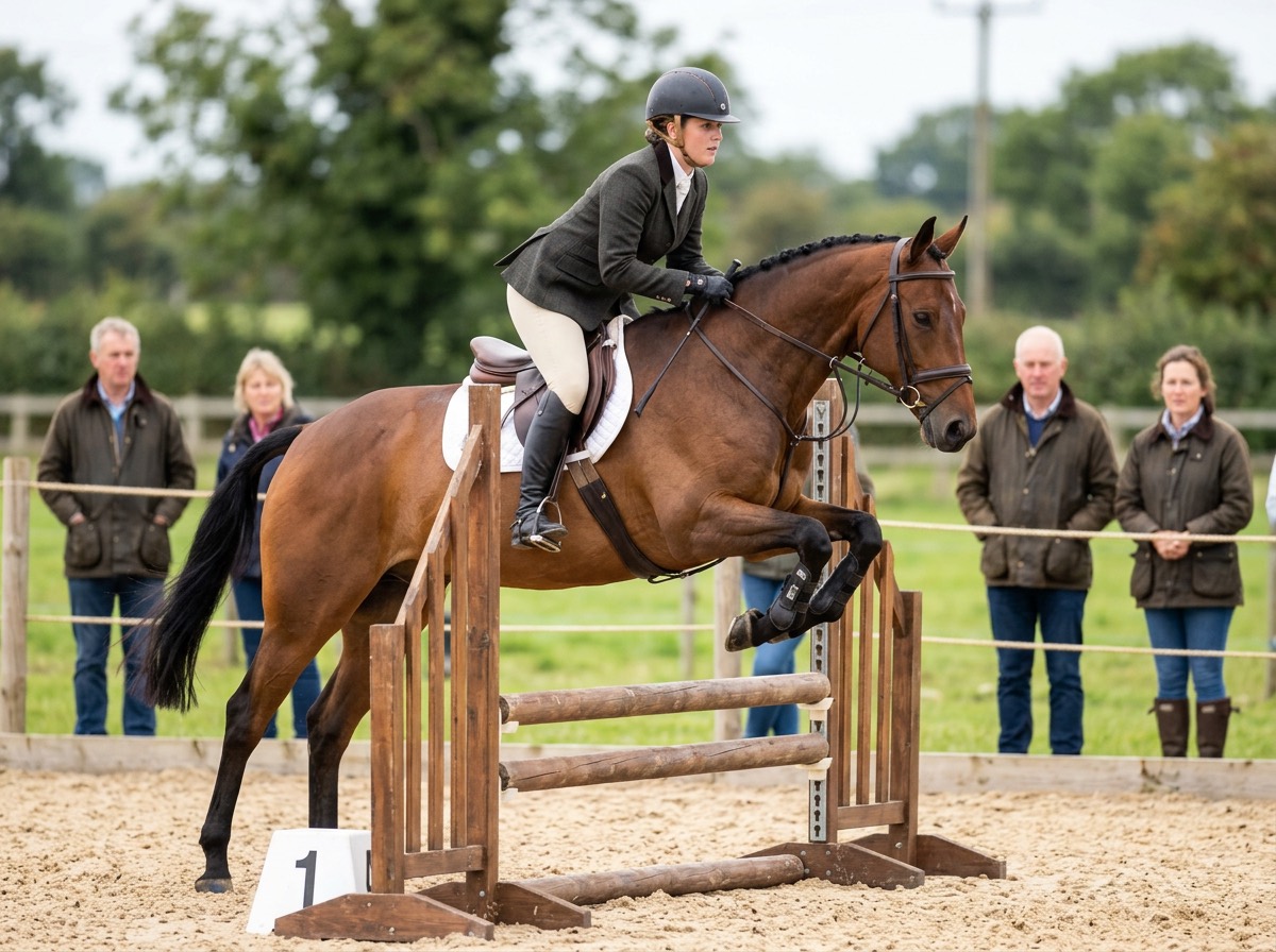 A horse and rider clear a rustic fence at a riding-club show, spectators at the rail