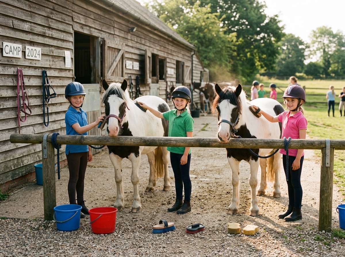 Three children groom their ponies at the rail on a summer pony camp