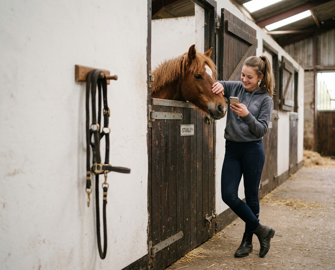 A young rider checks her phone beside a chestnut pony looking over its stable door