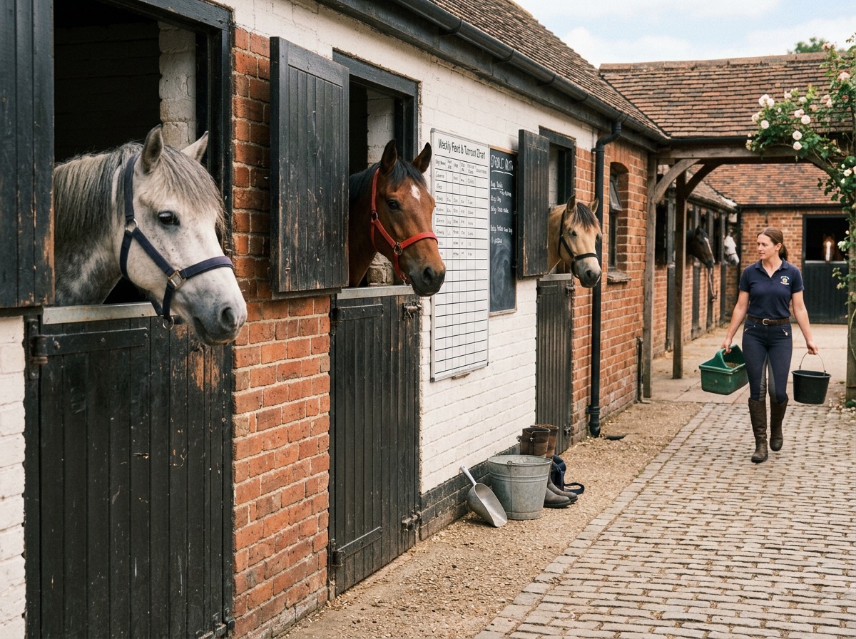 School ponies look out over a row of stable doors as a groom carries feed buckets down the yard