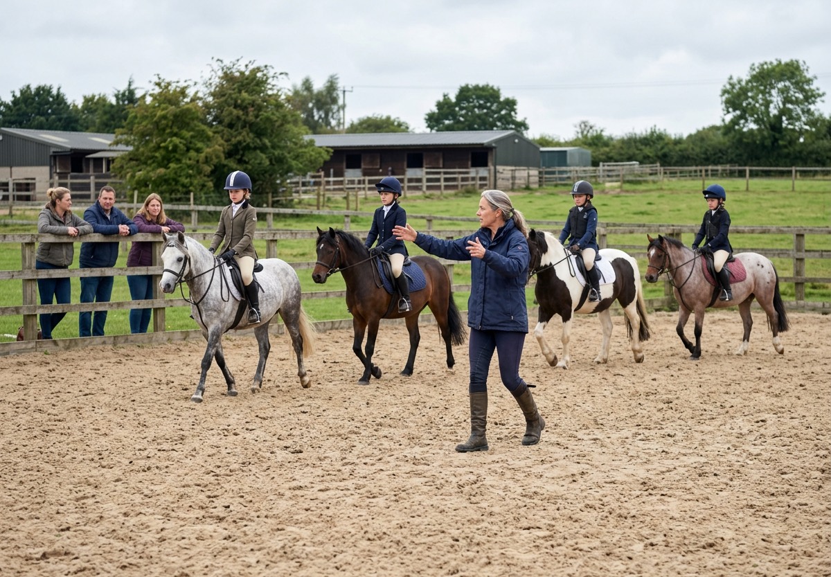 An instructor directs a group lesson of five children on ponies in an outdoor arena, parents at the fence