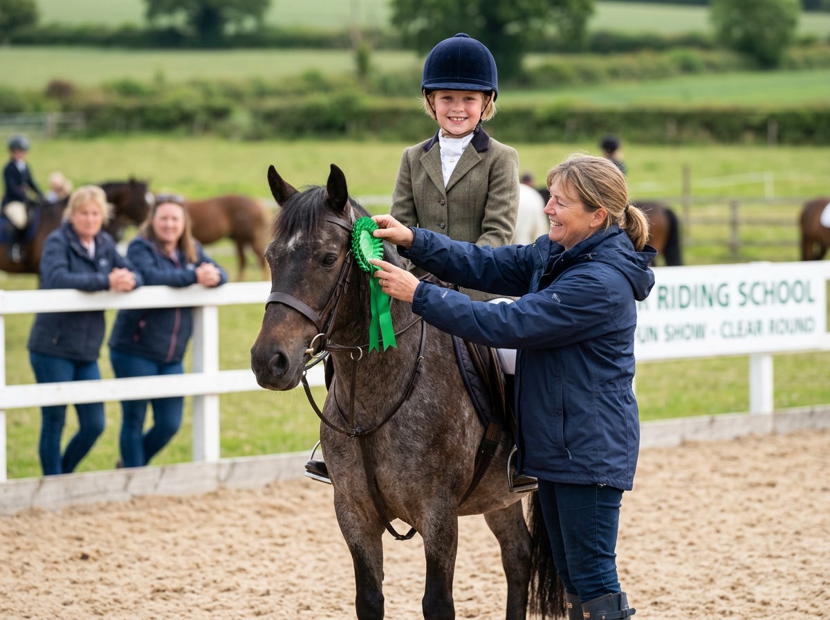 A child on a pony is handed a green rosette at the riding school's own fun show