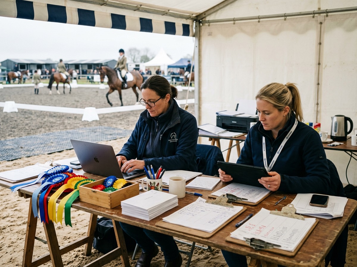 Two show secretaries at a trestle table in the secretary's tent, laptop, tablet and rosettes in front of them