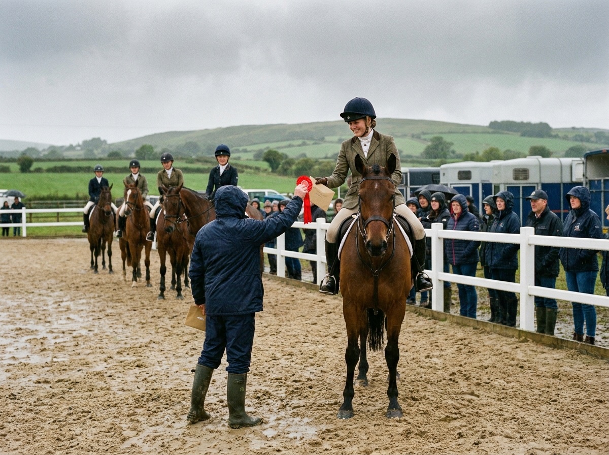 Prize-giving in the rain: a steward hands a red rosette and an envelope up to the winner on her bay horse, the placed riders lined up behind