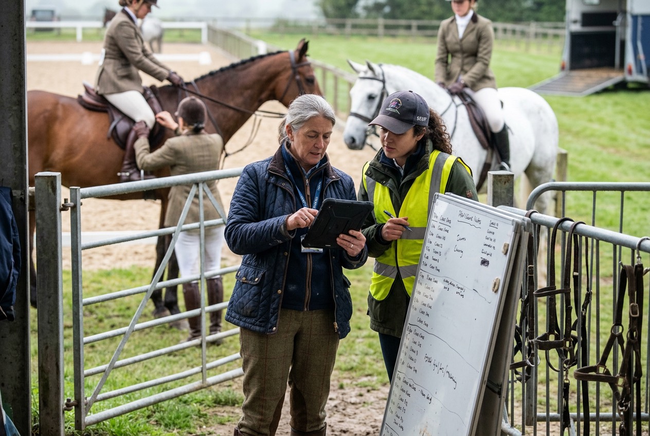 A steward in a hi-vis vest and an official check the running order on a tablet beside the whiteboard at the collecting ring