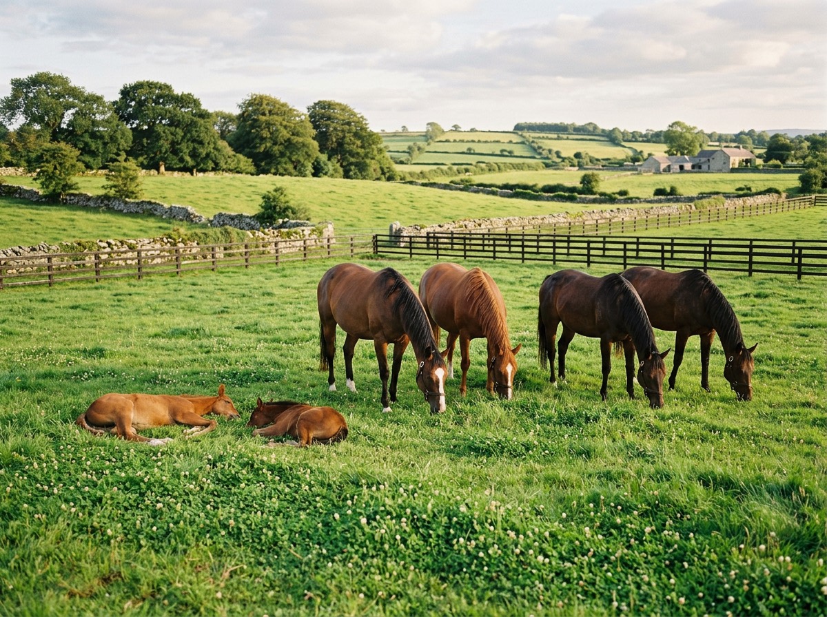 A band of broodmares grazes in a paddock, two foals lying in the grass in front of them