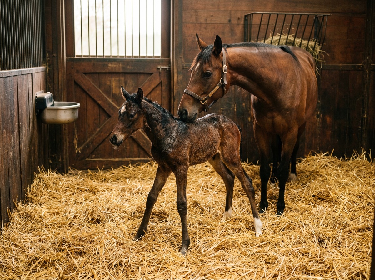A newborn foal stands on straw in the foaling box, its mother nuzzling its back