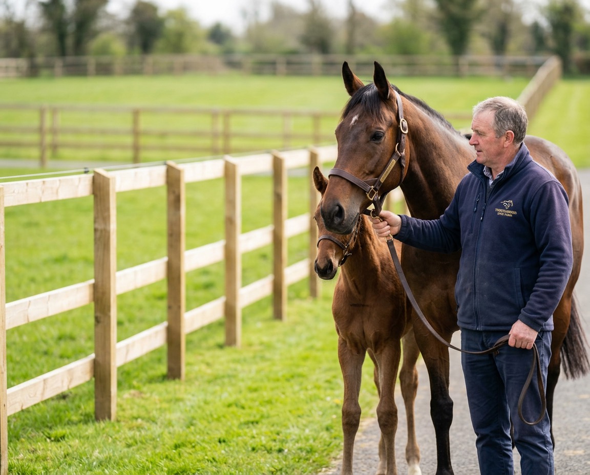 A stud manager holds a bay mare and her foal at the paddock rail