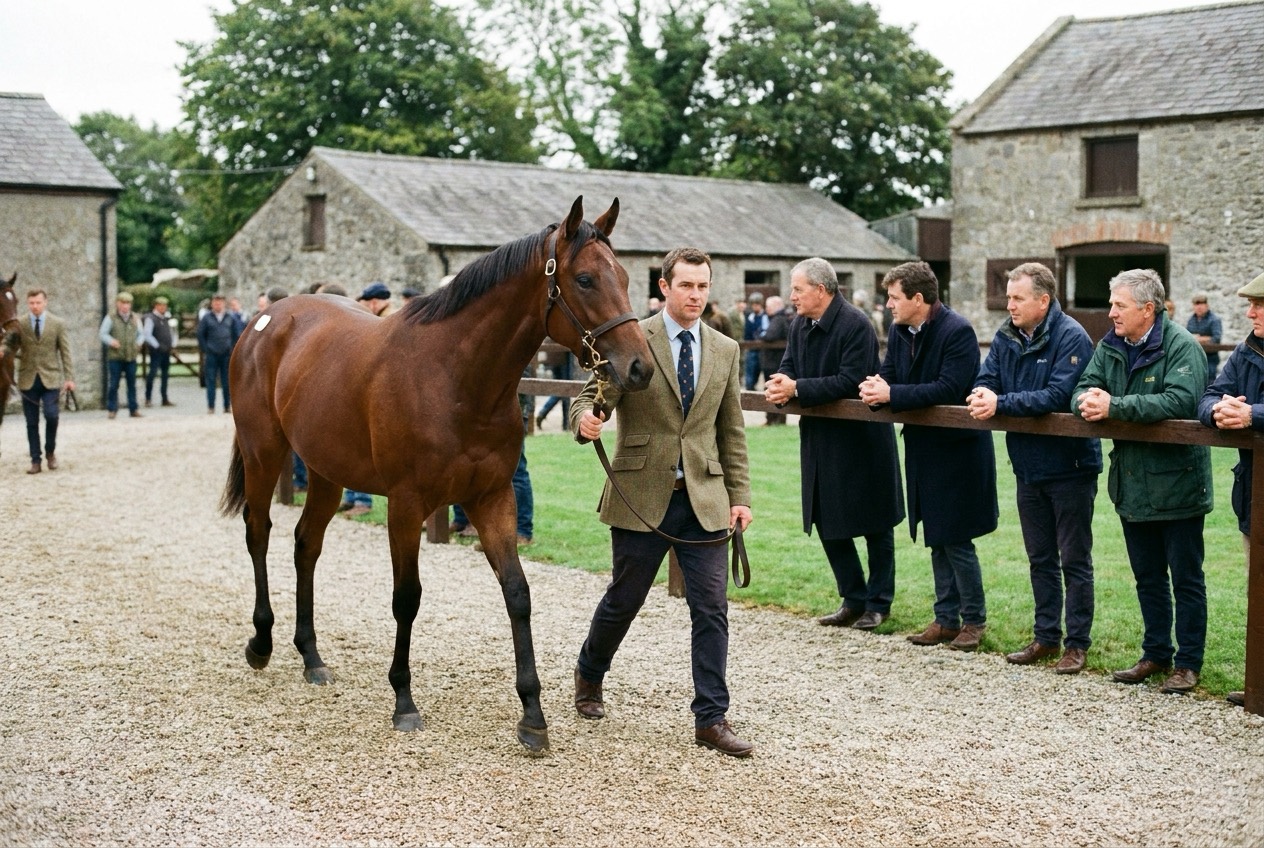 A handler in a tweed jacket leads a bay yearling along the gravel walk at the sales, buyers watching from the rail