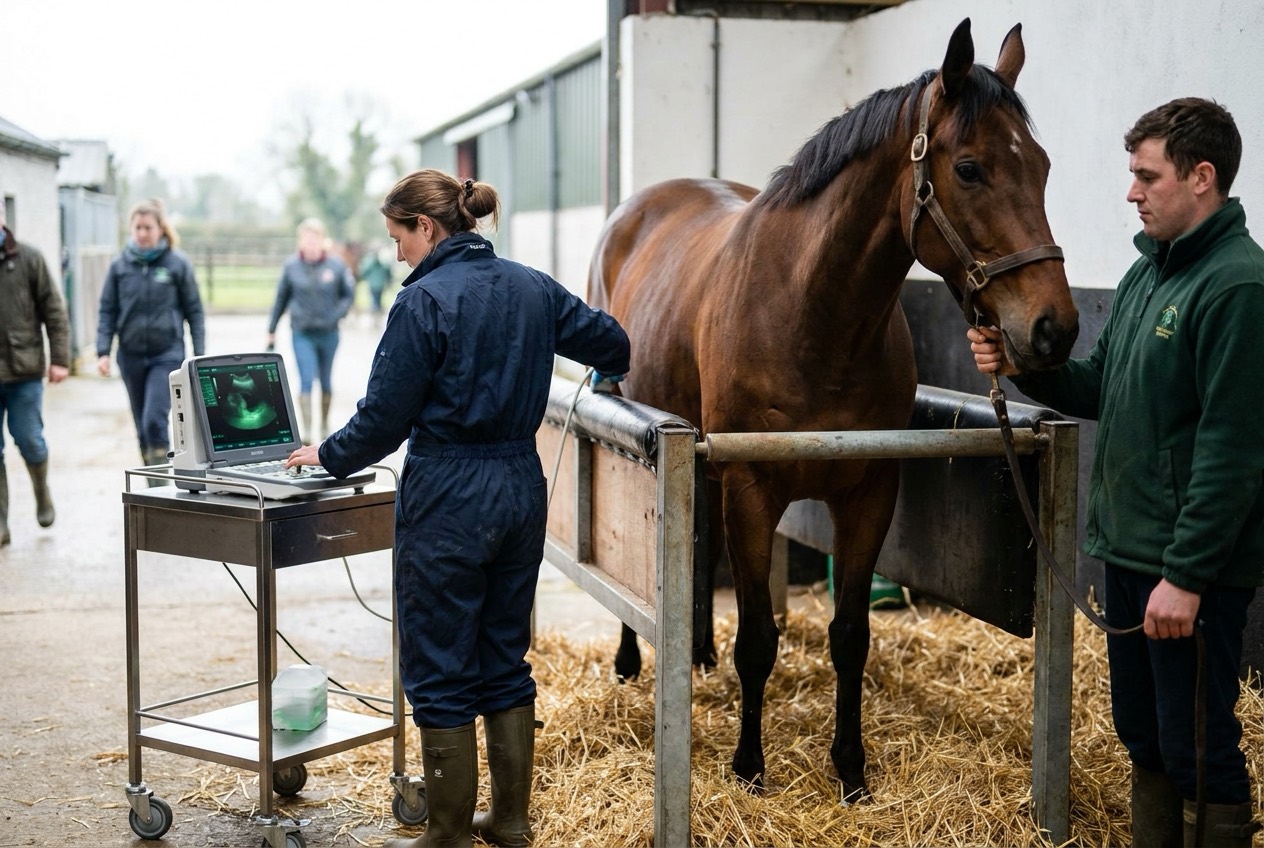 A vet scans a bay mare in the stocks, the ultrasound screen on a trolley beside her, a groom at the mare's head